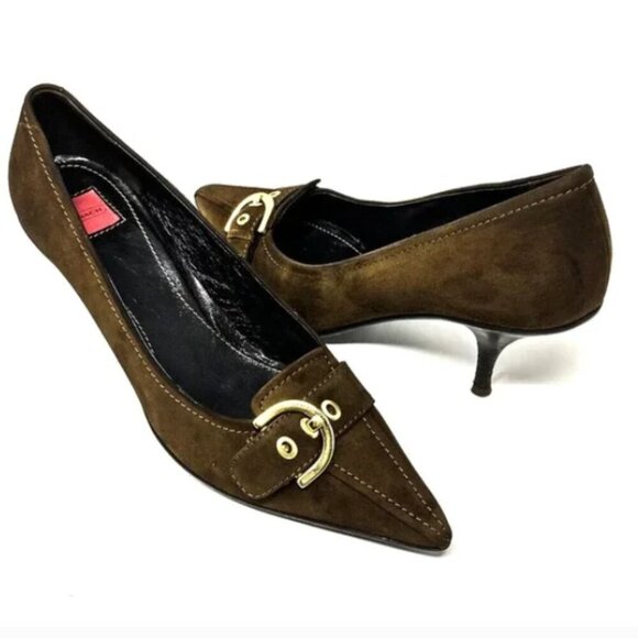 Coach Brown Sarrah Italian Suede Gold Buckle Pointed Toe Pumps - Size 8.5 - Picture 1 of 6